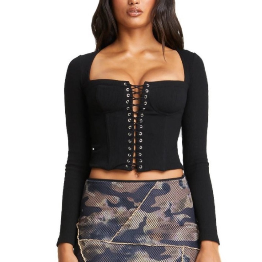 I AM GIA black ribbed longsleeve lace up top
